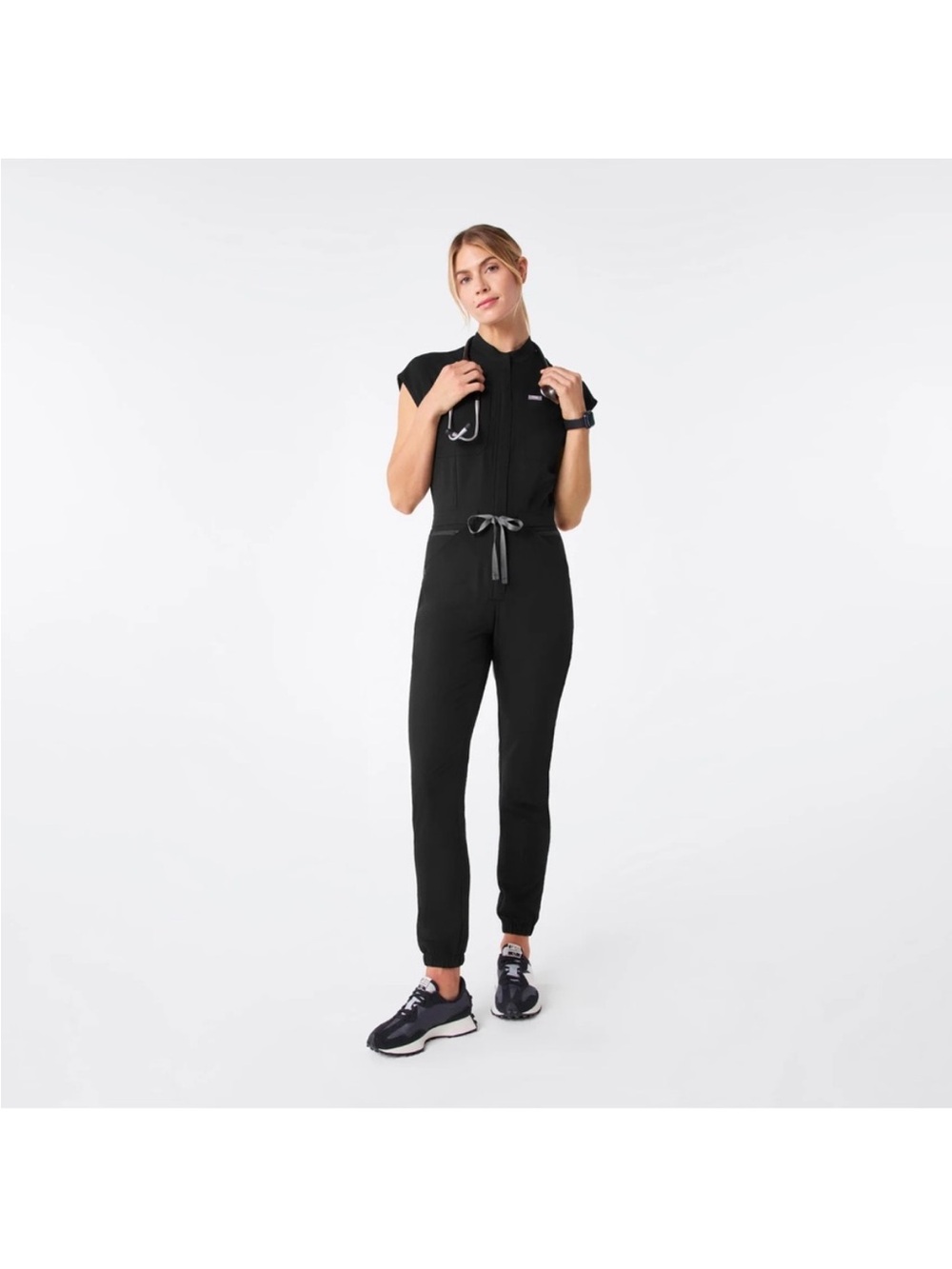 Figs Black Short-Sleeve Zip Jumpsuit with Drawstring Waist